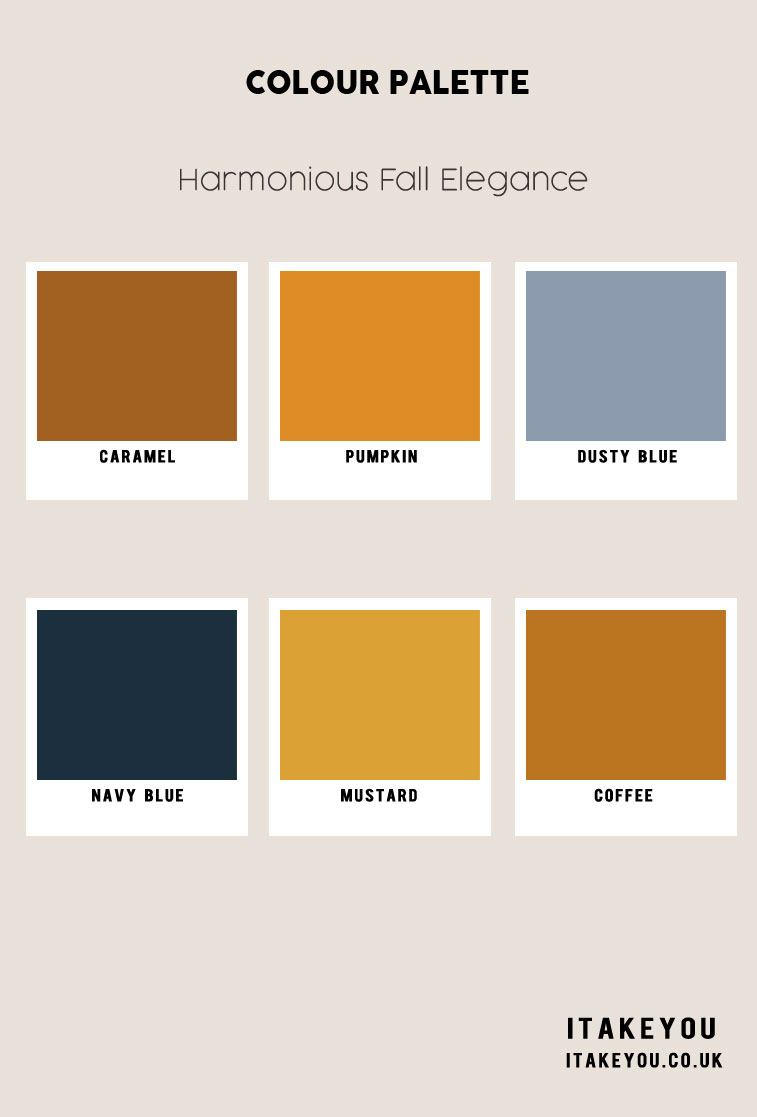 Dusty Blue and Pumpkin Color Combination, Navy Blue and Yellow Mustard Color Scheme, Autumn Colour Scheme, Autumn Colour Trends 2023, Fall Color Palette, autumn colors, Autumn Colours 2023, soft autumn colour palette
