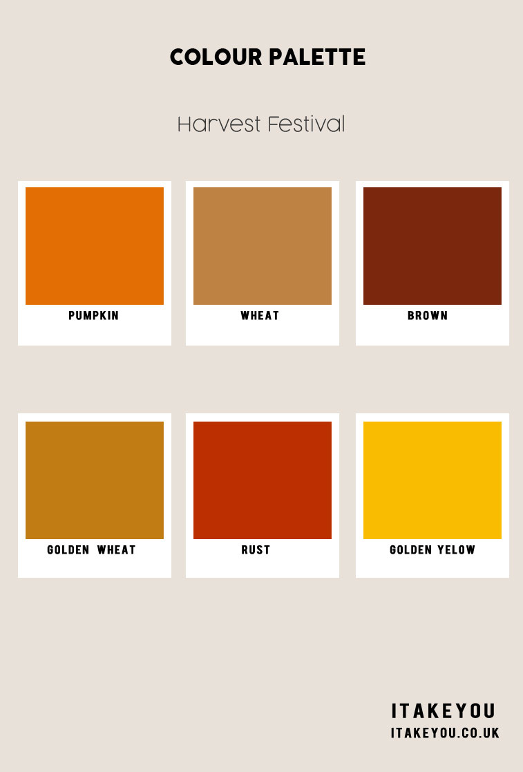 Golden Yellow + Pumpkin Orange + Rich Brown + Wheat, autumn colour scheme, autumn color combo