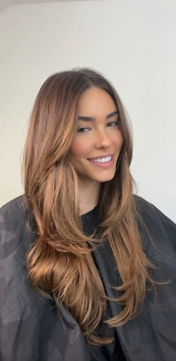 Flowing Elegance 40 Long Layered Haircuts Ideas : Caramel Brown with Shadow Roots