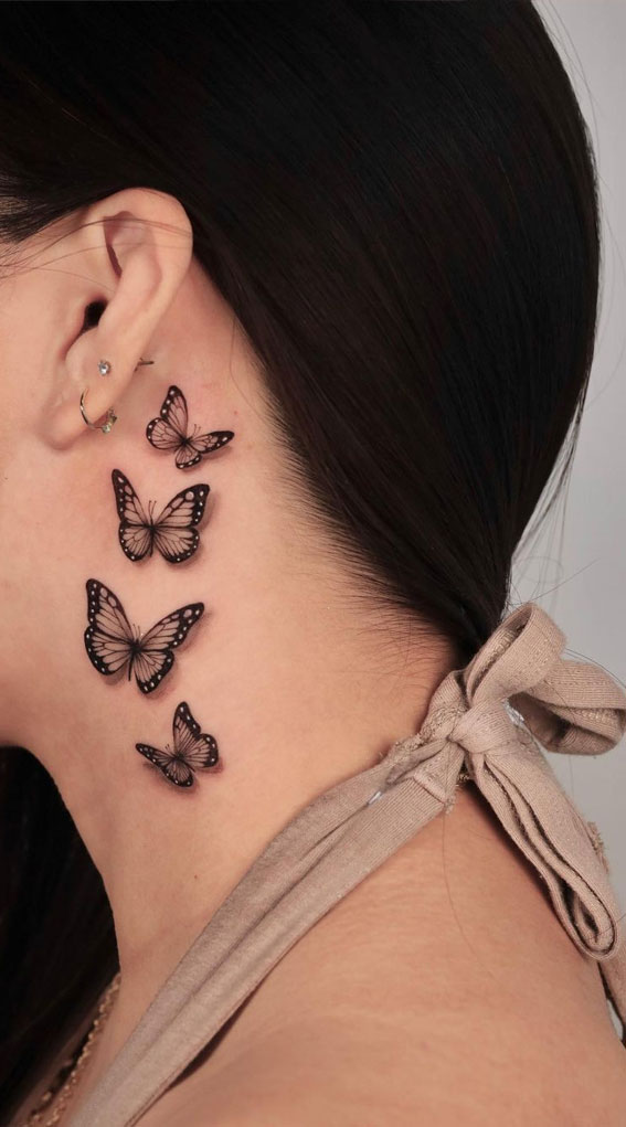 50 Small Tattoo Ideas Less is More : 3D Butterflies Behind Ear Tattoo