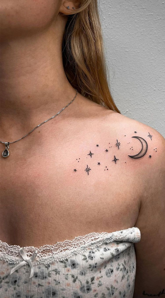 50 Small Tattoo Ideas Less is More : Celestial Shoulder Tattoo