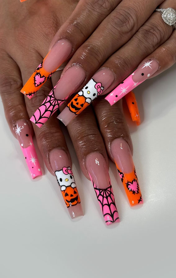 Enchanting Halloween Nail Art Ideas : Hello Kitty Pink & Orange Acrylic Nails