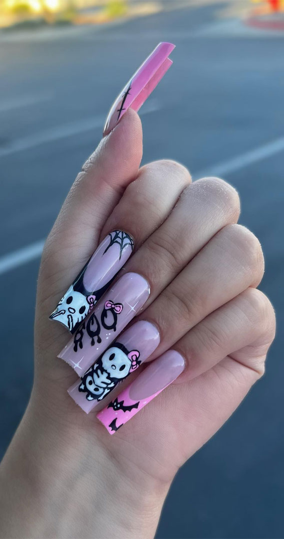 Enchanting Halloween Nail Art Ideas : Hello Kitty Skeleton Nails