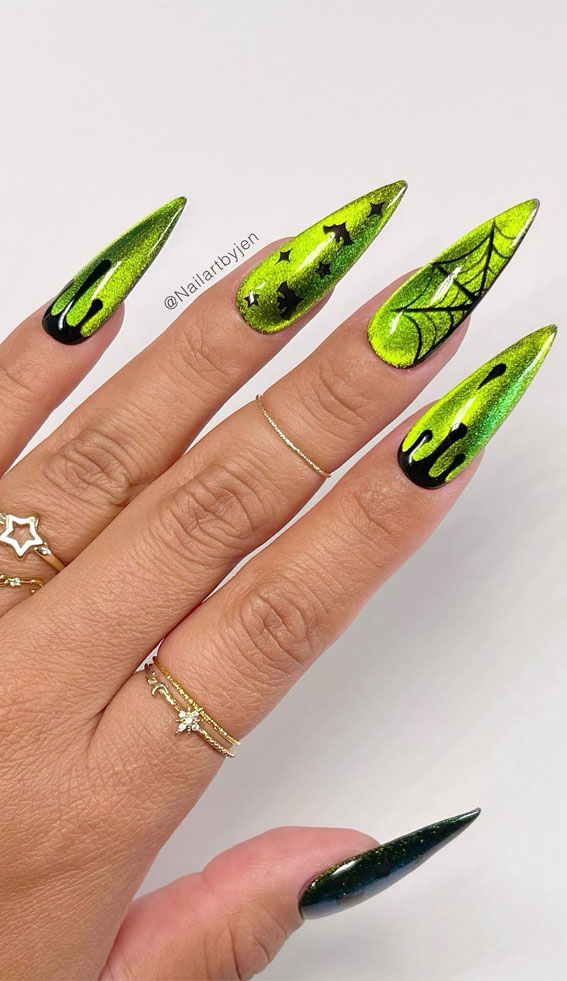 Enchanting Halloween Nail Art Ideas : Chameleon cat eye Halloween nails