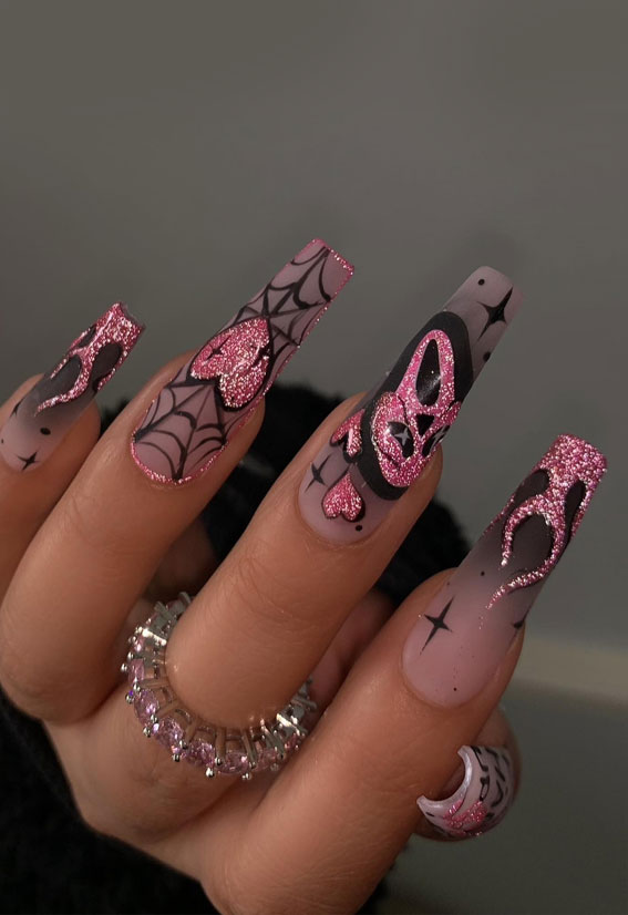 Enchanting Halloween Nail Art Ideas : Pink Glittery Halloween Acrylic Nails
