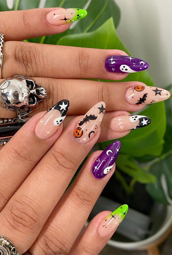 Enchanting Halloween Nail Art Ideas : Bat, Pumpkin, Ghost Green & Purple Nails