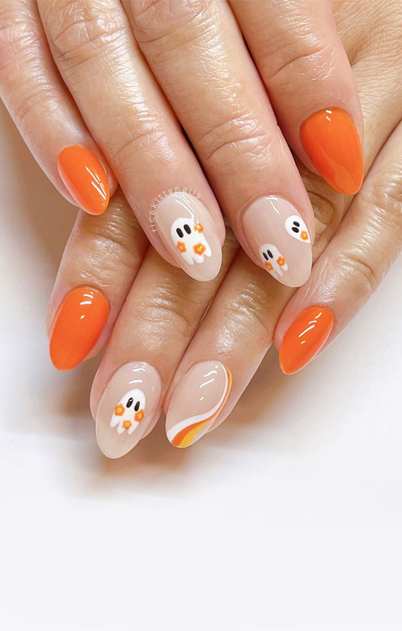 Enchanting Halloween Nail Art Ideas : Orange Flowery Ghost Halloween Nails