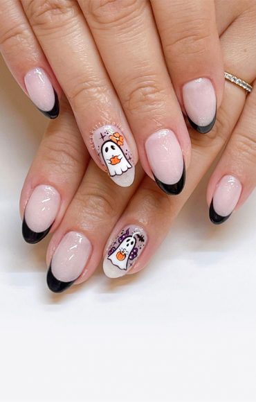 Enchanting Halloween Nail Art Ideas : Black French Tips with Ghost ...