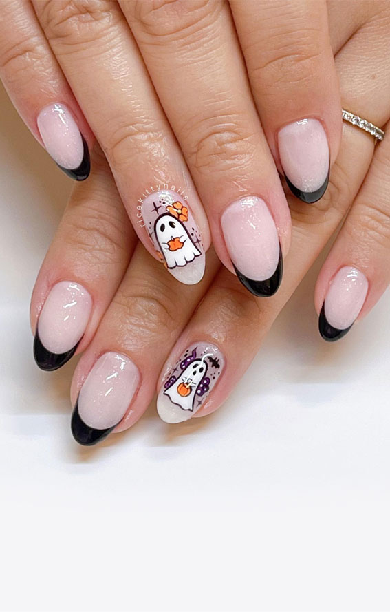 Enchanting Halloween Nail Art Ideas : Black French Tips with Ghost Details