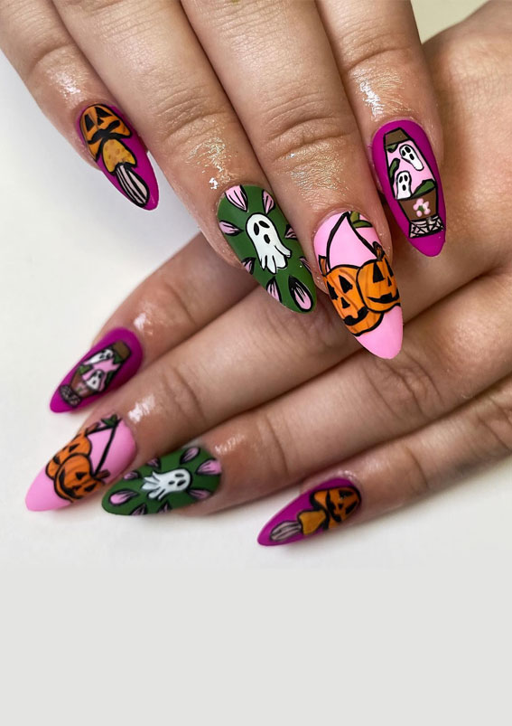 Enchanting Halloween Nail Art Ideas : Groovy Green & Pink Halloween Nails