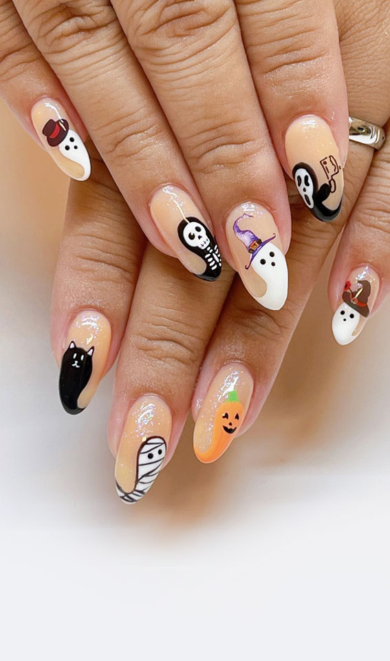 Enchanting Halloween Nail Art Ideas : Swooshy Ghost & Skeleton Nails