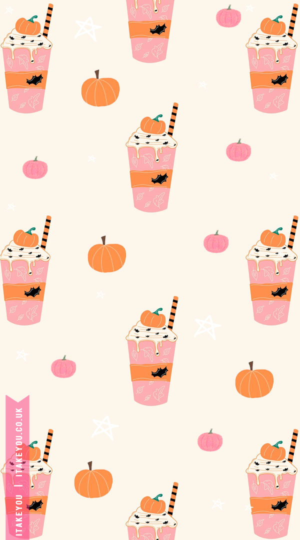 20+ Cute Autumn Wallpapers to Brighten Your Devices : Pumpkin Spice Latte in Pink Take Away Cup