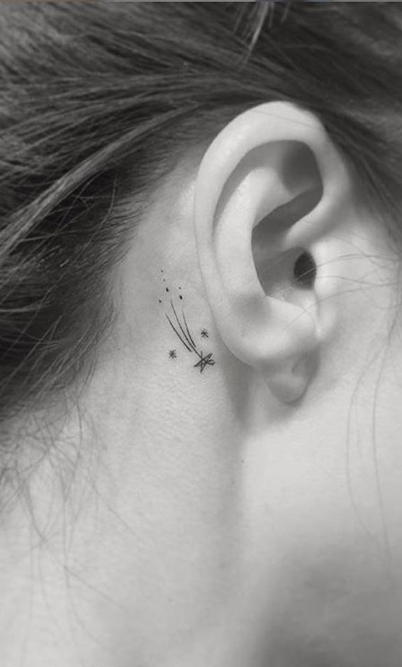 Shooting Star Ear Tattoo, Ear tattoos, ear tattoo ideas, behind ear tattoos, Ear tattoos for Females, Behind the ear tattoos designs, Ear tattoos behind, Side ear tattoos, Flower ear tattoos