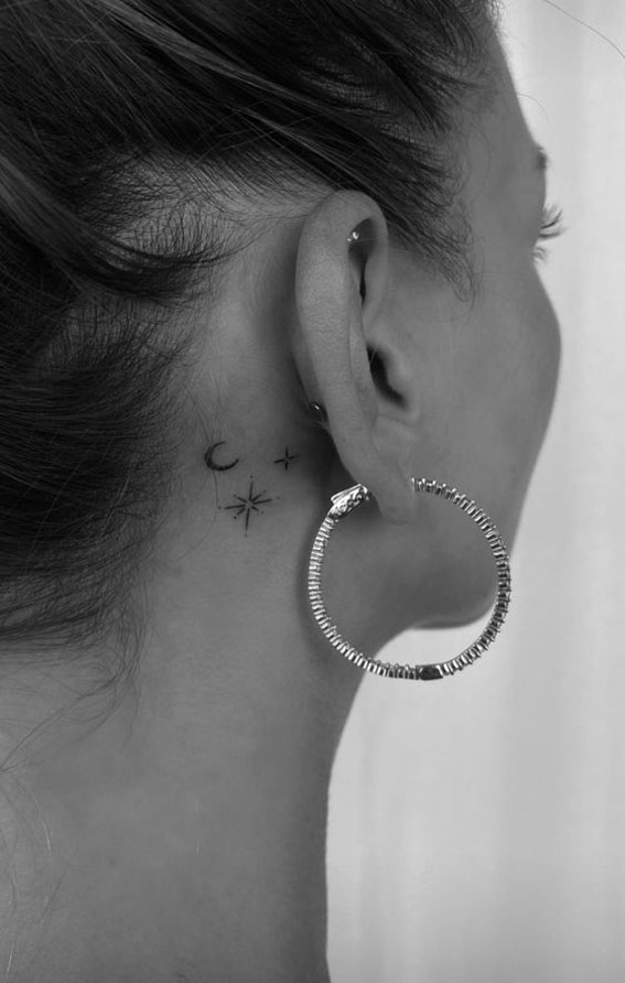 Whispered Ink 40 The Beauty of Ear Tattoos : Crescent Moon & Sparkle Stars