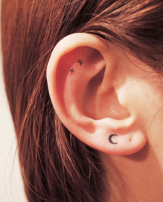 Whispered Ink 40 The Beauty of Ear Tattoos : Crescent Moon & Two Stars Inside Ear Tattoo
