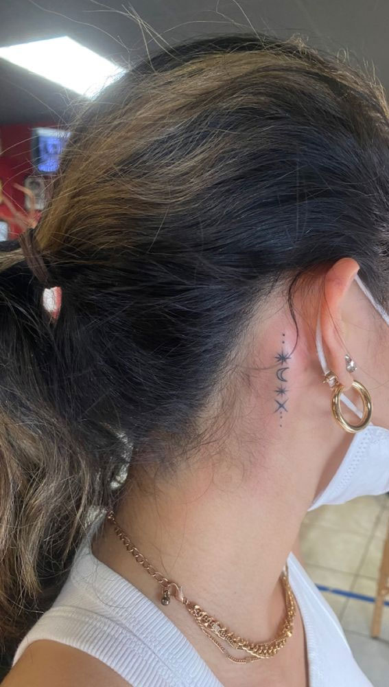 Whispered Ink 40 The Beauty of Ear Tattoos : Moon & Star Behind Ear Tattoo
