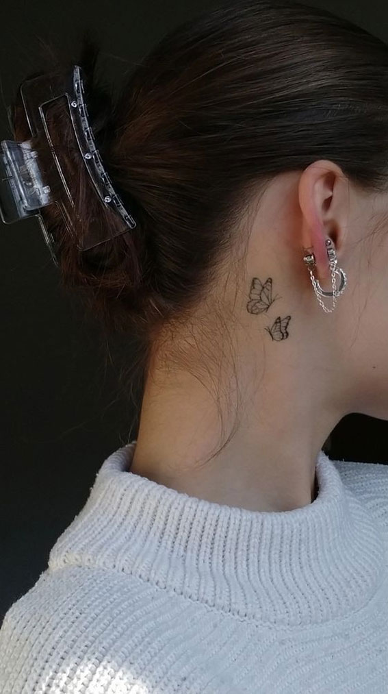 Whispered Ink 40 The Beauty of Ear Tattoos : Two Butterflies Behind Ear Tattoo