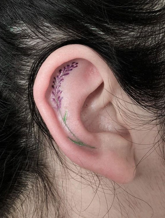 Whispered Ink 40 The Beauty of Ear Tattoos : Lavender Inside Ear Tattoo
