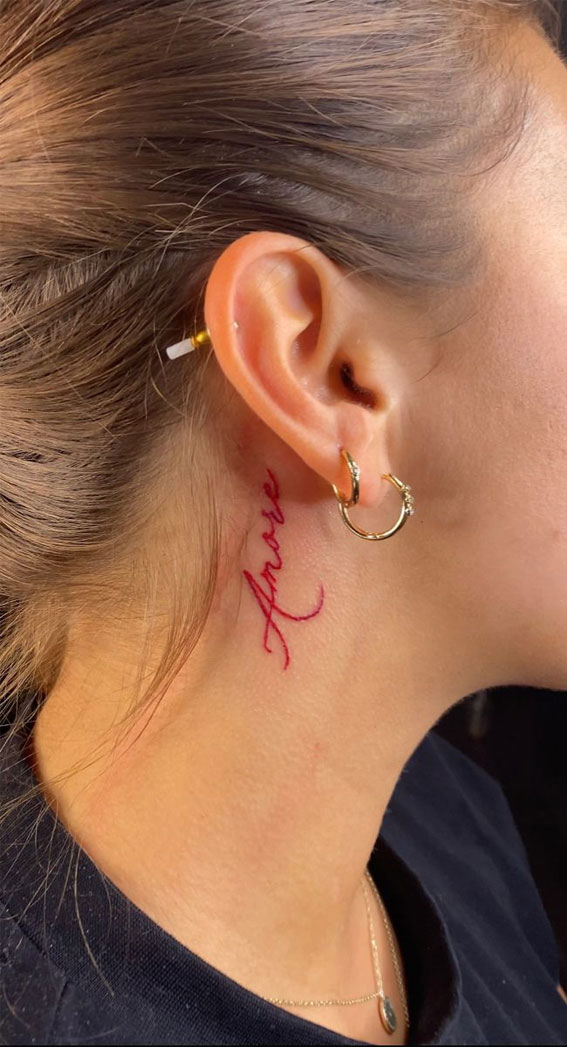 Whispered Ink 40 The Beauty of Ear Tattoos : Amor Behind Ear Tattoo