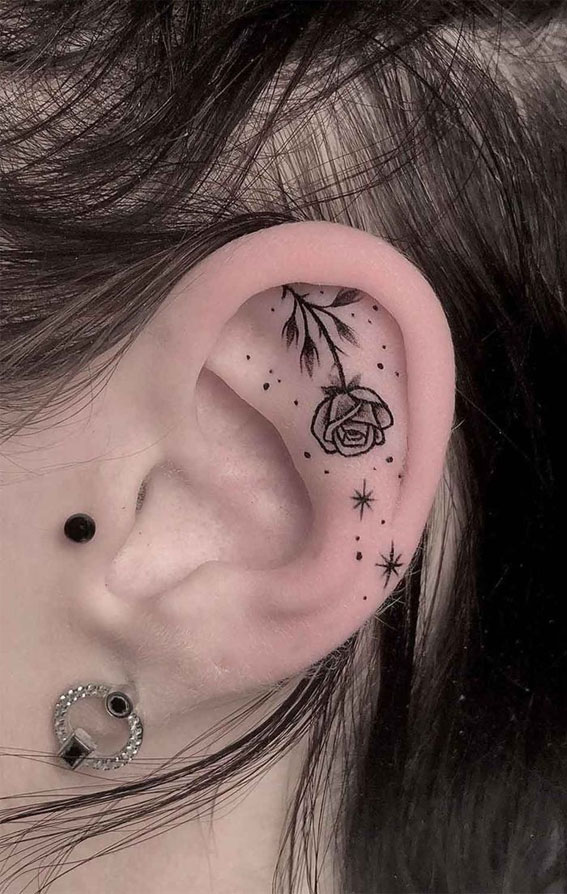 Whispered Ink 40 The Beauty of Ear Tattoos : Upside Down Rose Inside Ear Tattoo