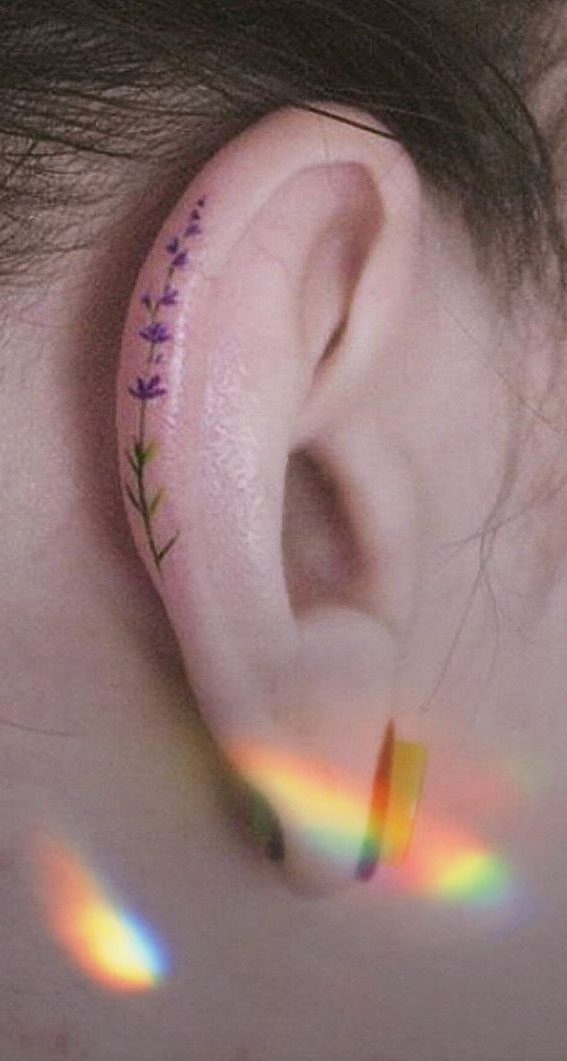 Whispered Ink 40 The Beauty of Ear Tattoos : Lavender Branch Ear Tattoo