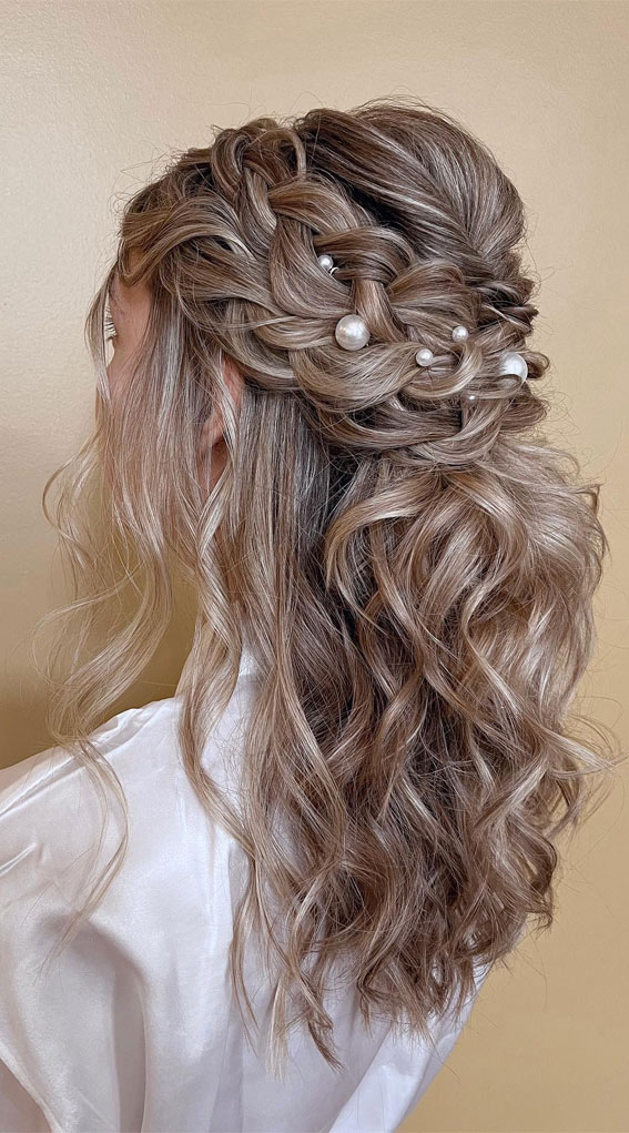 half up half down hairstyle, prom hairstyle, prom half up half down, ponytail prom hairstyle, ponytail wedding hairstyle, wedding hairstyles, wedding hairstyle half up half down, half up half down soft waves