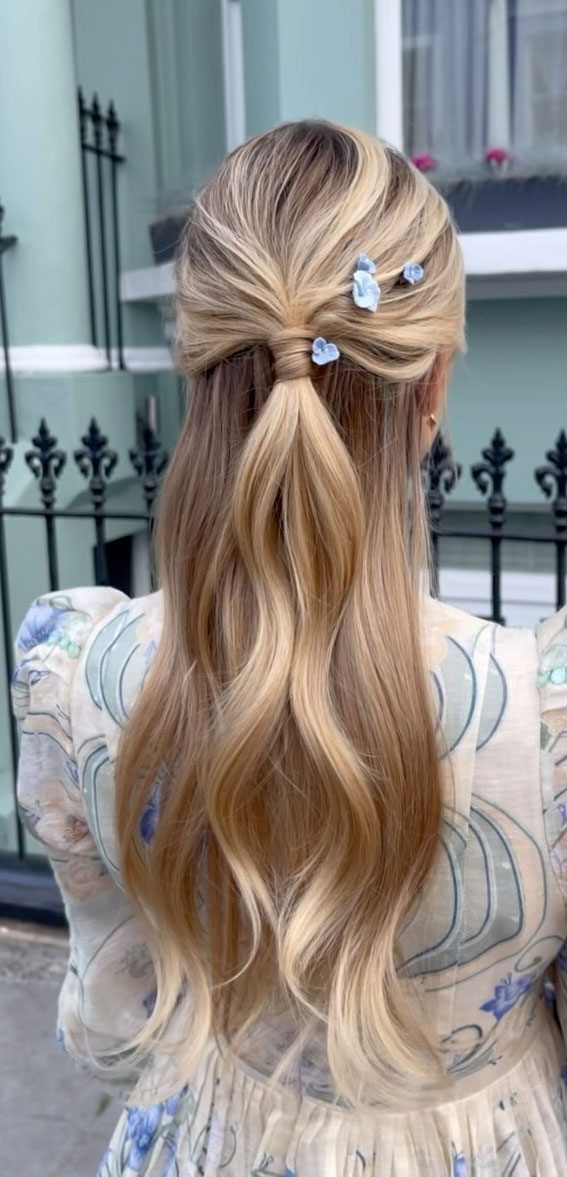bridesmaid hairstyle, prom hairstyle, half up half down prom