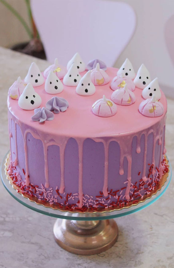 Halloween Cake Ideas to Haunt Your Taste Buds : Purple Cake with Pink Icing Drips