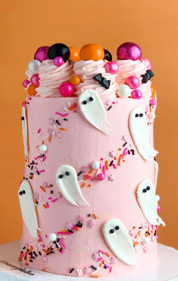 Halloween Cake Ideas to Haunt Your Taste Buds : Pink Tall Cake with Glittery Cherries