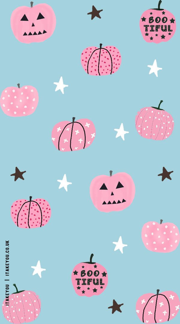20+ Chic and Preppy Halloween Wallpaper Inspirations : Pink Pumpkins Baby Blue Wallpaper