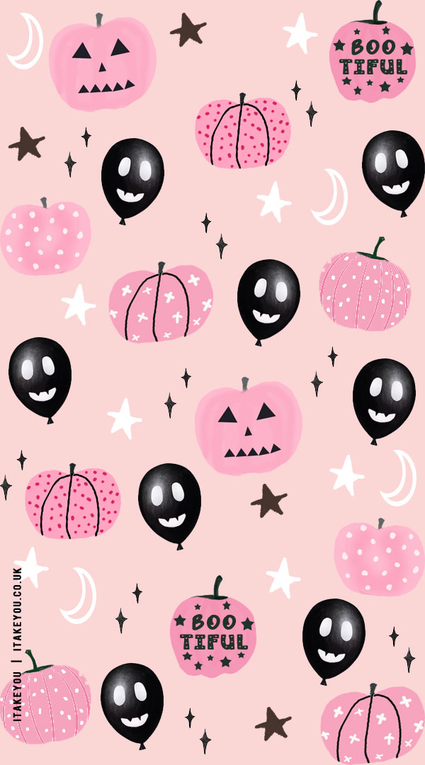 20+ Chic and Preppy Halloween Wallpaper Inspirations : Ghostie Balloon & Pink Pumpkin Wallpaper