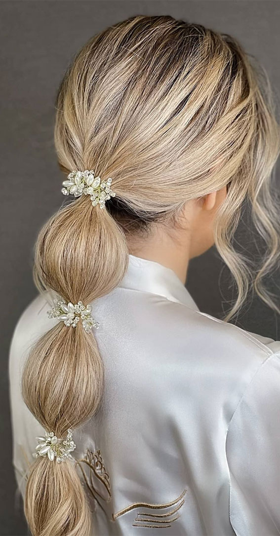 Bubble braid ponytail, Ponytail hairstyle, Ponytail hairstyles for wedding, Ponytail Hairstyles for Black Hair, Ponytail hairstyles prom, High ponytail hairstyles, Ponytail hairstyles for brides, Sleek ponytail hairstyles