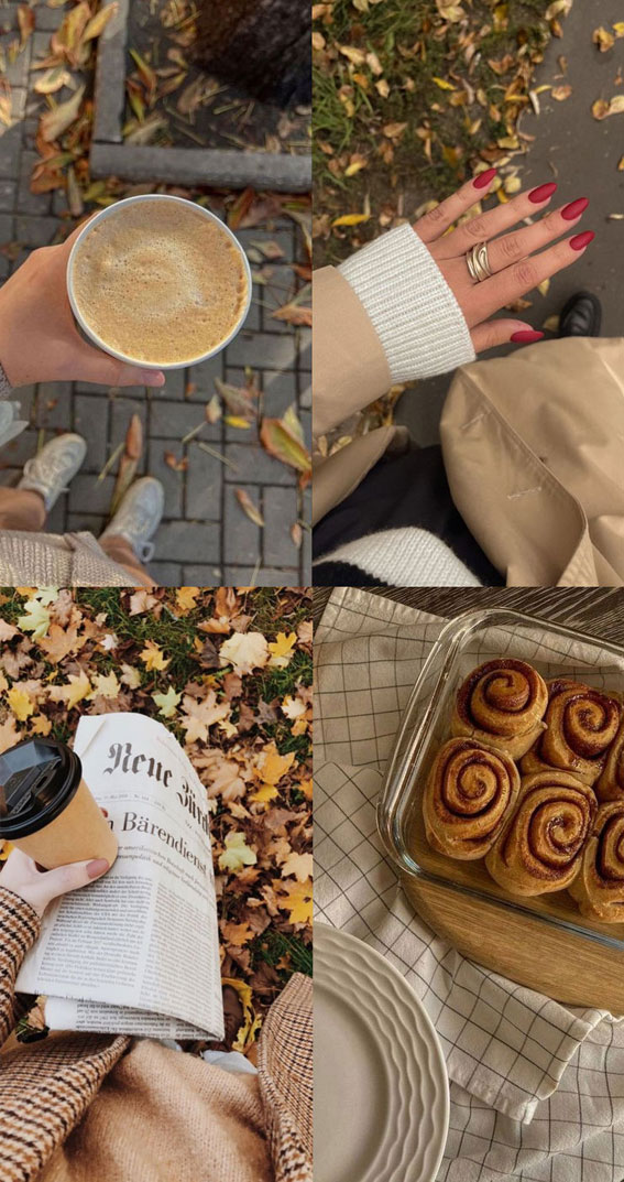 Autumn Mosaic Collages Capturing Fall’s Tapestry : Red Nail, Hot Drink & Cinnamon Roll