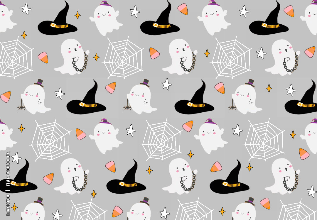 20+ Chic And Preppy Halloween Wallpaper Inspirations : Ghost & Witch’s Hat Grey Wallpaper
