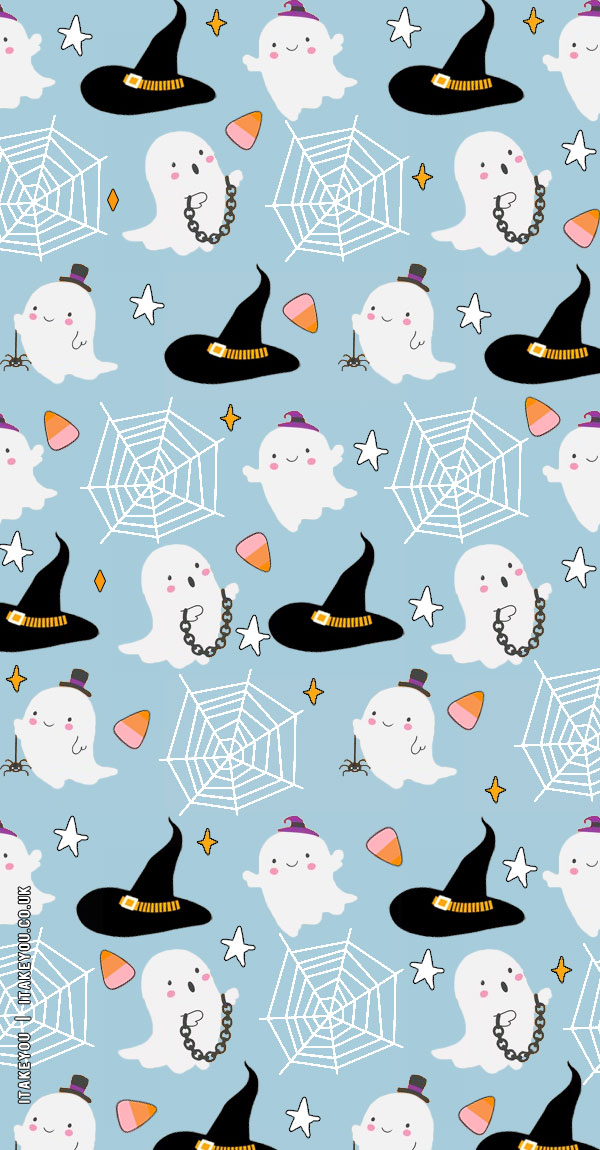 20+ Chic And Preppy Halloween Wallpaper Inspirations : Ghost & Witch’s Hat Blue Wallpaper