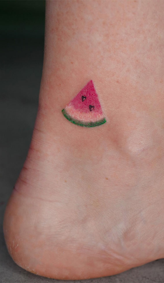 50 Petite Tattoo Ideas : Coloured Watermelon Ankle Tattoo