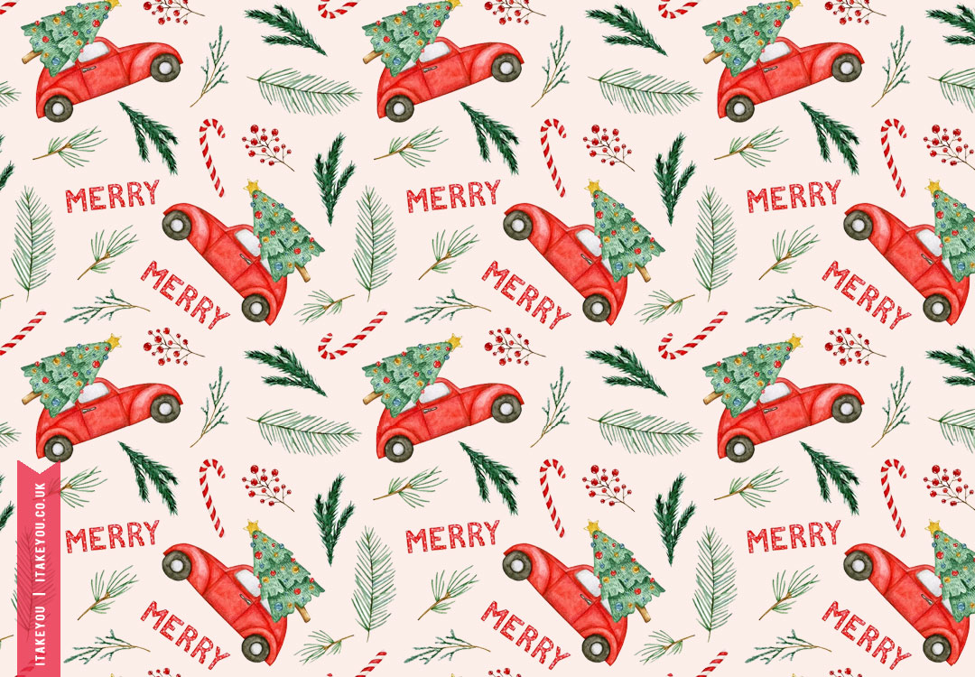 Yuletide Enchantment Festive Christmas Wallpapers For Every Device : Red Car with Christmas Tree on Top