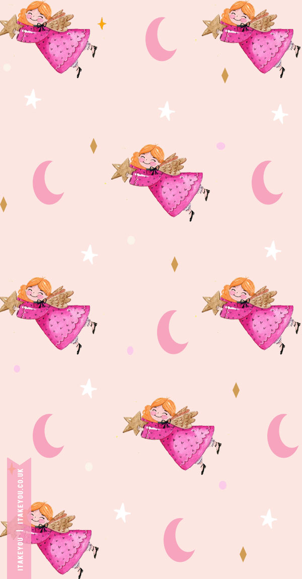 Yuletide Enchantment Festive Christmas Wallpapers For Every Device : Pink Crescent Moon & Fairy
