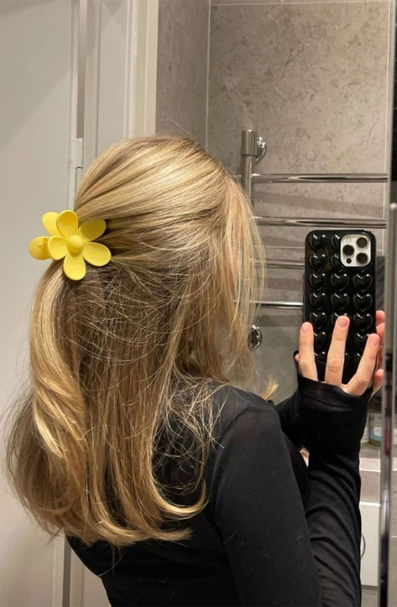 Easy and Cute Hairstyles with Allure : Half Up with Yellow Flower Clip