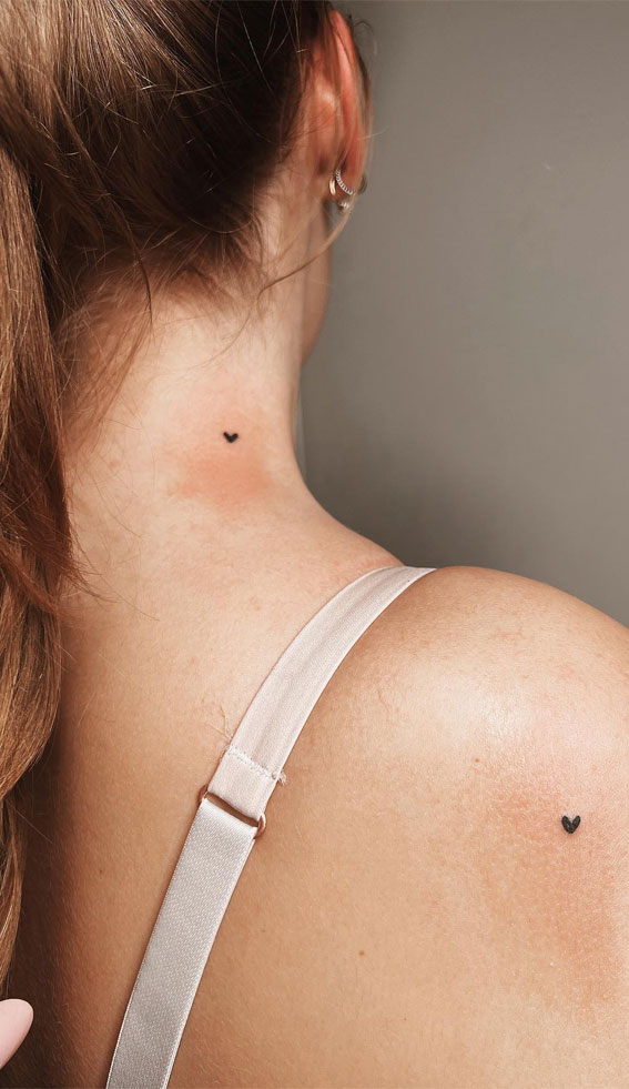 Tiny Treasures Meaningful Small Tattoo Inspirations : Two Tiny Hearts on Neck & Upper Arm