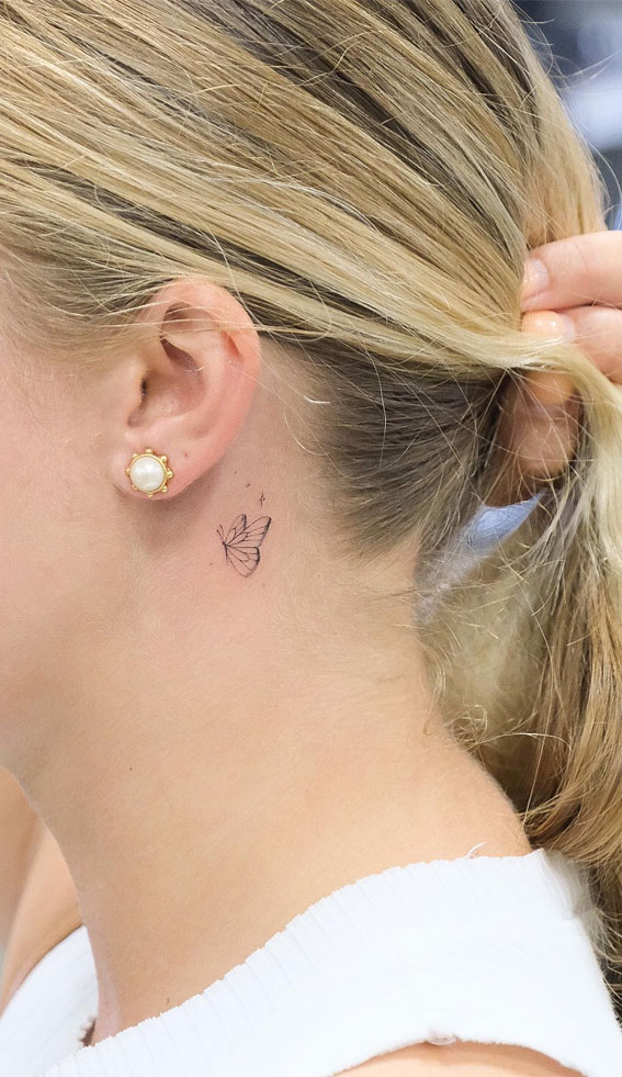 Tiny Treasures Meaningful Small Tattoo Inspirations : Stars & Butterfly Behind Ear Tattoos