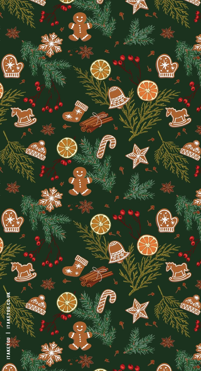 Festive Sip And Sweet Wallpapers Wonderland : Ginger Biscuit Dark Green Wallpaper