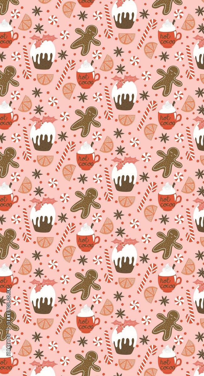 Festive Sip And Sweet Wallpapers Wonderland : Hot Cocoa + Gingerbread Man Pink Wallpaper