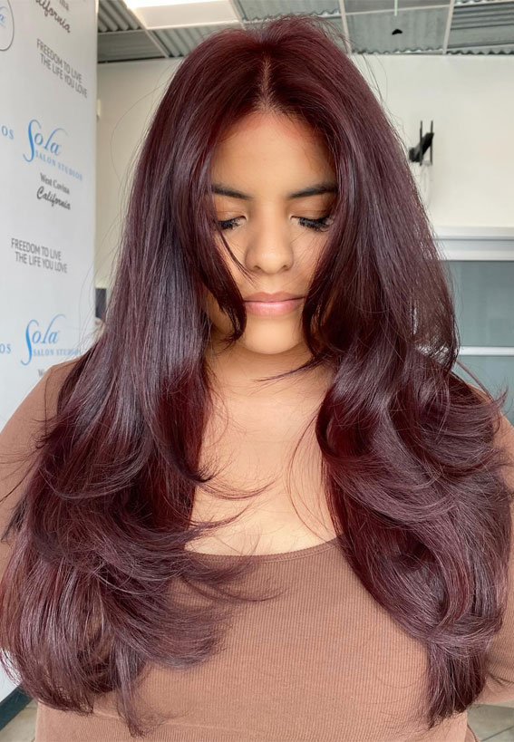 cherry cola hair color, cherry coke hair color ideas, burgundy hair color, ombre cherry cola hair, cherry cola balayage, red brown hair color, cherry cola highlights, hair color trends 2024