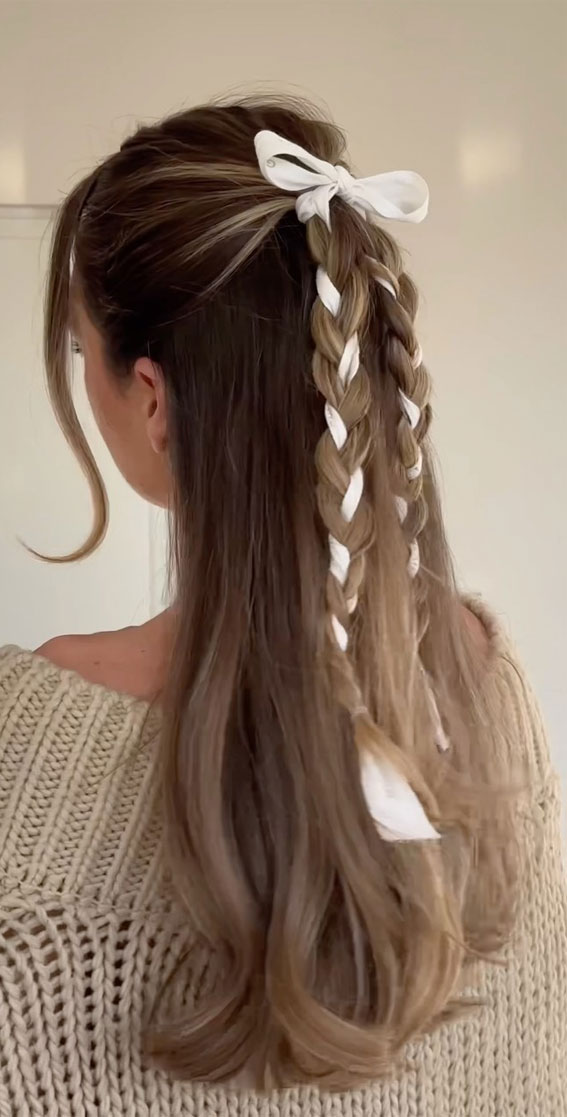 40 Effortlessly Adorable Hairstyles for Every Day : White Bow Braided Half Up
