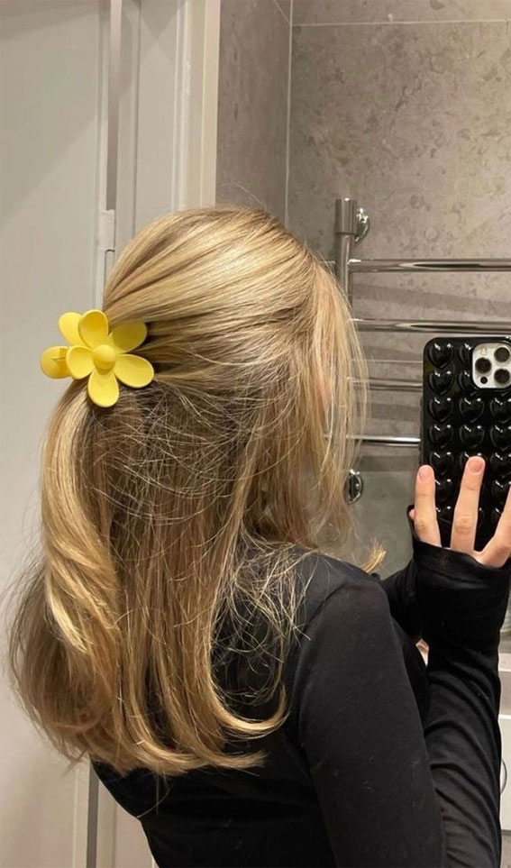 40 Effortlessly Adorable Hairstyles for Every Day : Easy Half Up with Yellow Flower Clip
