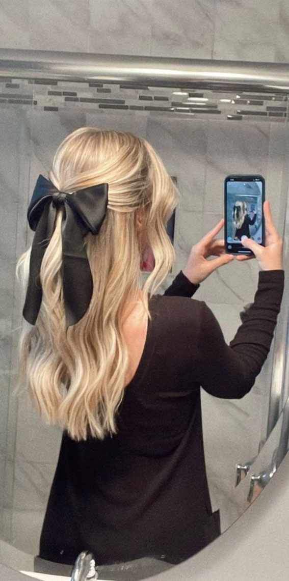 40 Effortlessly Adorable Hairstyles for Every Day : Blonde Half Up with Black Bow & Face Frame