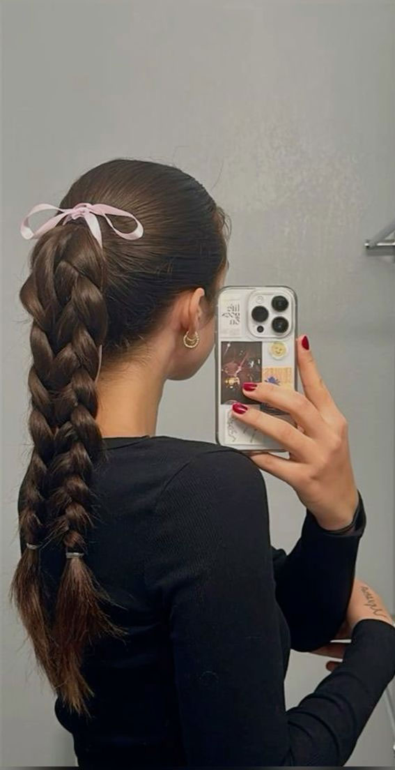 40 Effortlessly Adorable Hairstyles for Every Day : Double Braid with Pink Bow