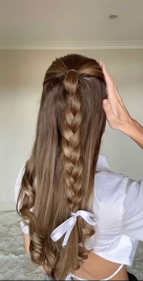 40 Effortlessly Adorable Hairstyles for Every Day : Half Up Braid with White Bow