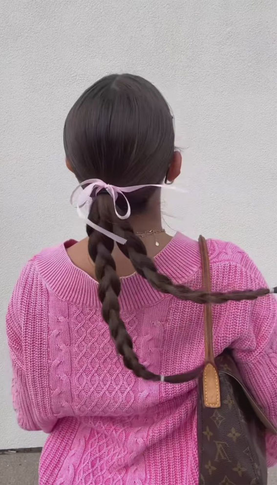 40 Effortlessly Adorable Hairstyles for Every Day : Easy Double Braids with Pink Bow